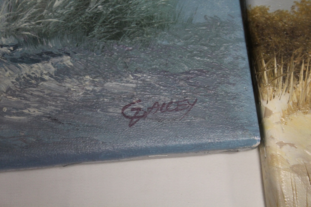 THREE UNFRAMED OIL ON CANVASES TO INCLUDE A WOODED MOUNTAINOUS LAKE SCENE - Image 5 of 7