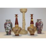 A PAIR OF DOULTON LAMBETH SPECIMEN VASES H-28CM, TOGETHER WITH A PAIR OF TOYO VASES AND A RESIN