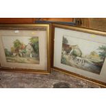 A PAIR OF GILT FRAMED AND GLAZED WATERCOLOURS OF COUNTRY SCENES WITH CATTLE AND HORSES SIGNED