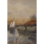 A GILT FRAMED AND GLAZED WATERCOLOUR OF A COUNTRY RIVER SCENE WITH SAIL BOAT 40CM X 28CM