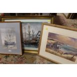 A FRAMED AND GLAZED WATERCOLOUR DEPICTING A GALLEON AT SEA, TOGETHER WITH A PASTEL OF A COASTAL