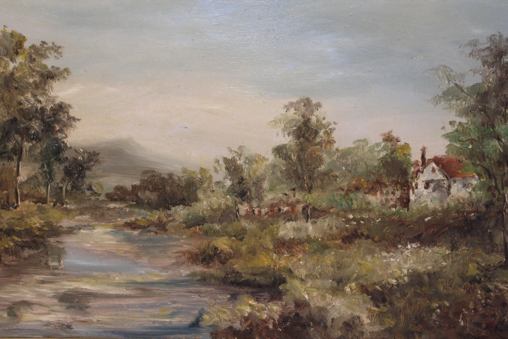 A GILT FRAMED OIL ON BOARD OF A RURAL RIVER LANDSCAPE WITH COTTAGE 45CM X 106CM