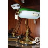 A MODERN BANKERS LAMP WITH GREEN GLASS SHADE, TOGETHER WITH A SIMILAR ANGLE POISE LAMP (2)