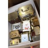 A BOX OF ASSORTED CARRIAGE AND MANTEL CLOCKS