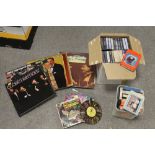 A BOX AND BAG OF LP RECORDS, 7" SINGLES AND 8 TRACK TAPES ETC.