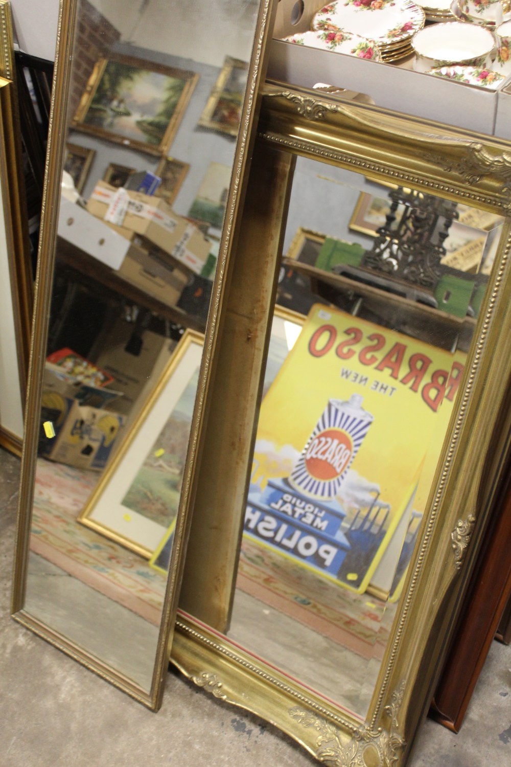 TWO GILT FRAMED WALL MIRRORS, TOGETHER WITH TWO SHEILA TILMOUTH CAT PRINTS AND THREE TEDDY BEAR