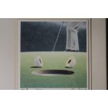 A FRAMED AND GLAZED SIGNED LIMITED EDITION PRINT ENTITLED GOLF IV 155/350 BY RENI BOIN '87 20CM X