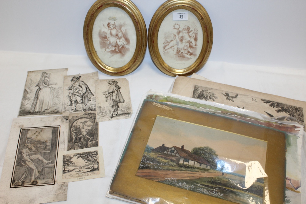 A QUANTITY OF UNFRAMED WATERCOLOURS, ENGRAVINGS AND PRINTS, TOGETHER WITH TWO OVAL FRAMED CHERUBIC