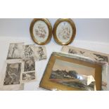 A QUANTITY OF UNFRAMED WATERCOLOURS, ENGRAVINGS AND PRINTS, TOGETHER WITH TWO OVAL FRAMED CHERUBIC