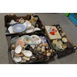 THREE TRAYS OF ASSORTED CERAMICS AND COLLECTABLES ETC. TO INCLUDE WEDGWOOD JASPERWARE, TAMBOURINE,