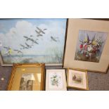 A COLLECTION OF PRINTS TO INCLUDE AN ANTIQUARIAN PRINT, PETER SCOTT PRINT ETC