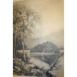 D LAW - A LAKELAND SCENE ETCHING WITH FIGURE SIGNED IN PLATE 54CM X 37CM