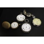 A BAG OF ASSORTED POCKET WATCHES TO INCLUDE A SILVER CASED EXAMPLE, TOGETHER WITH A SOVEREIGN