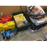 SIX BOXES OF TOOLS AND PARTS ETC TO INCLUDE A CASED LASER LEVEL, MERCEDES M271 ALIGNMENT SET ETC