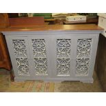 A SHABBY CHIC STYLE PAINTED HARDWOOD CABINET WITH METAL GRILLS H-93 CM W-142 CM