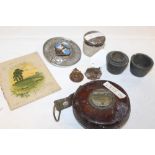 A BAG OF VINTAGE COLLECTABLES TO INCLUDE A LEATHER CASED TAPE MEASURE, SILVER TOPPED VANITY JAR,