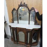 A VICTORIAN WALNUT INLAID MARBLE TOPPED MIRROR BACKED CREDENZA, H 165 CM, W 133 CM S/D