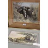 TWO FRAMED AND GLAZED DAVID SHEPHERD PRINTS OF A LION AND AN ELEPHANT BOTH SIGNED TO MOUNTS AND