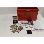 A TIN TO INCLUDE A CASED GOLD PLATED SILVER GEORGE AND THE DRAGON £5 COIN TOGETHER WITH A SAN MARINO
