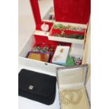 A JEWELLERY BOX AND CONTENTS TO INCLUDE A SILVER BANGLE, CROSS PENDANT ON CHAIN, SILVER CHAIN ETC.