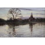 A VINTAGE GILT FRAMED OIL ON CANVAS OF A RURAL RIVER LANDSCAPE WITH CHURCH INDISTINCTLY SIGNED LOWER