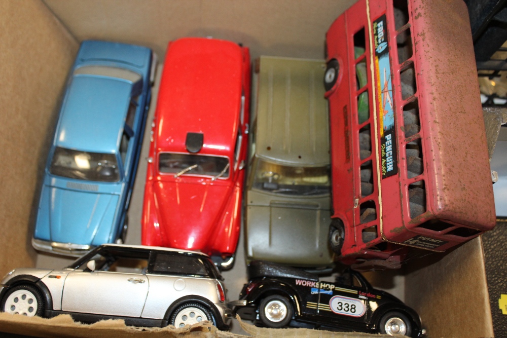 THREE BOXES OF DIE CAST AND TIN PLATE MODEL CARS TO INCLUDE CORGI, ERTL ETC