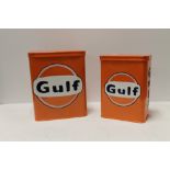 TWO MODERN REPRODUCTION METAL GULF STORAGE TINS TALLEST - 30CM