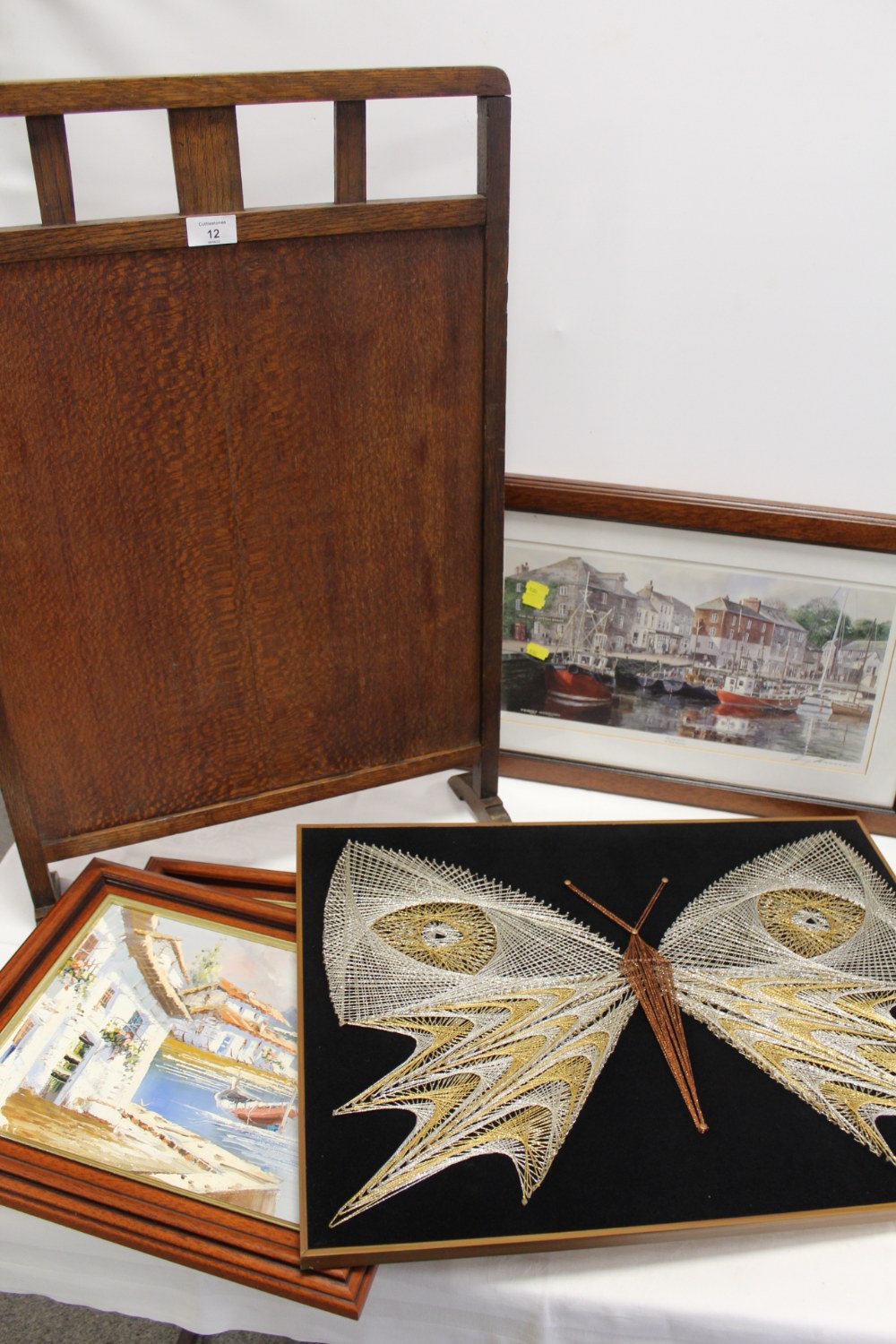 A COLLECTION OF PICTURES ETC. TO INCLUDE A PAIR OF OIL ON CANVASES, BUTTERFLY WOOLWORK PICTURE,