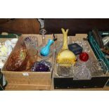 TWO TRAYS OF ASSORTED GLASSWARE TO INCLUDE A LARGE YELLOW STUDIO GLASS VASE, GLASS PAPERWEIGHTS,