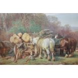 A FRAMED AND GLAZED PRINT OF A WOOD CARTING SCENE BY CHARLES J ADAMS 45CM X 68CM