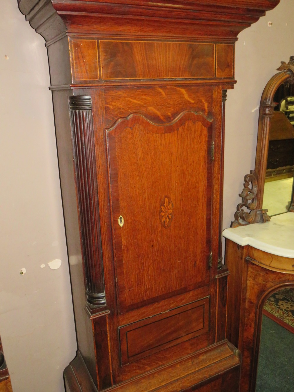 A 19TH CENTURY OAK AND MAHOGANY EIGHT DAY GRANDFATHER CLOCK BY A DUTTON OF HANLEN? PENDULUM AND - Image 4 of 9