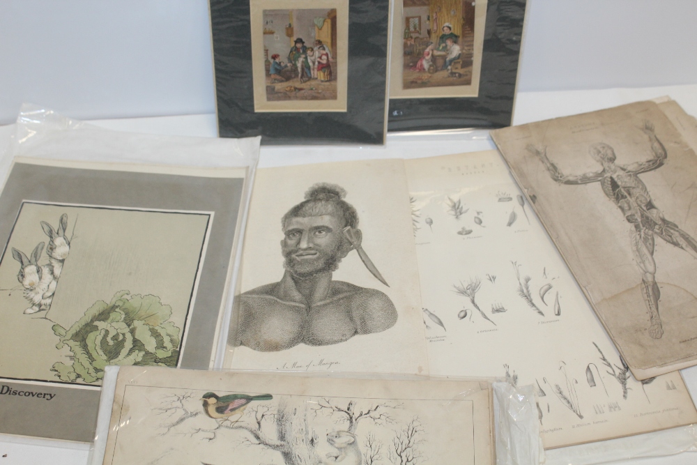 A DRAWER OF ANTIQUE AND VINTAGE UNFRAMED ENGRAVINGS AND PRINTS ETC. TO INCLUDE MINIATURE EXAMPLES,