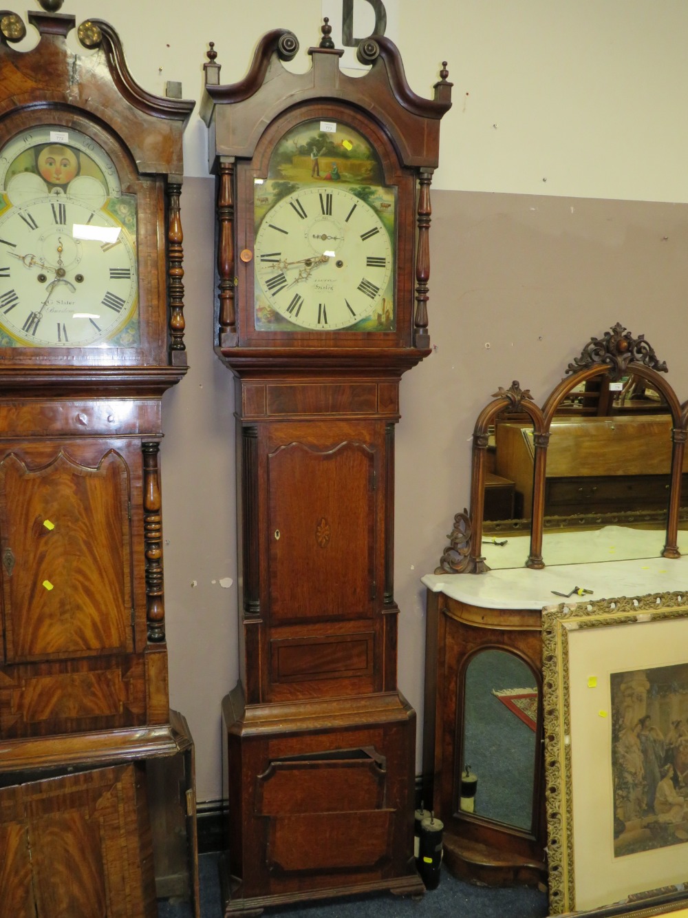 A 19TH CENTURY OAK AND MAHOGANY EIGHT DAY GRANDFATHER CLOCK BY A DUTTON OF HANLEN? PENDULUM AND