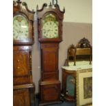 A 19TH CENTURY OAK AND MAHOGANY EIGHT DAY GRANDFATHER CLOCK BY A DUTTON OF HANLEN? PENDULUM AND