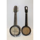 TWO VINTAGE BANJOLELES TO INCLUDE AN 8 STRING EXAMPLE MARKED G.H&S - AS FOUND