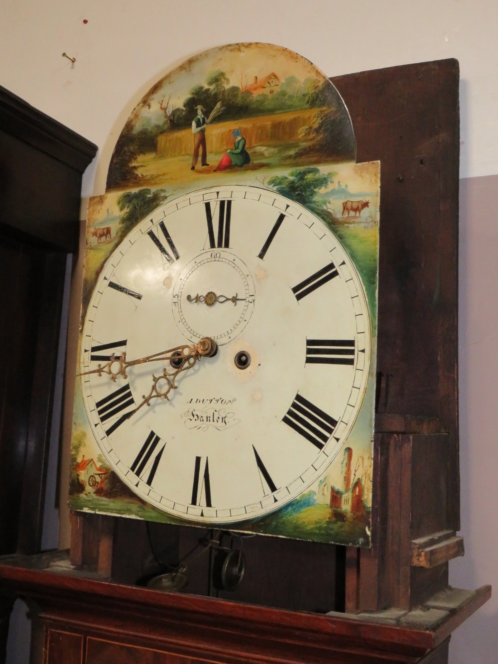 A 19TH CENTURY OAK AND MAHOGANY EIGHT DAY GRANDFATHER CLOCK BY A DUTTON OF HANLEN? PENDULUM AND - Image 5 of 9