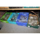 FOUR TRAYS OF ASSORTED GLASSWARE TO INCLUDE CUT GLASS DRINKING GLASSES ETC.