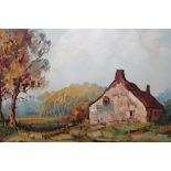 A FRAMED IMPRESSIONIST OIL ON CANVAS DEPICTING A COUNTRY COTTAGE SIGNED H BRENT LOWER RIGHT 39CM X
