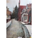 A FRAMED AND GLAZED OIL PAINTING OF A VILLAGE STREET SCENE MONOGRAMMED LOWER RIGHT 38.5CM X 26CM