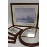 AN INLAID OVAL FRAMED MIRROR TOGETHER WITH FOUR PRINTS (5)