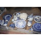 THREE TRAYS OF ASSORTED BLUE AND WHITE CHINA TO INCLUDE WILLOW PATTERN EXAMPLES