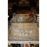 TWO TRAYS OF ASSORTED GLASSWARE TO INCLUDE CUT GLASS DRINKING GLASSES ETC.