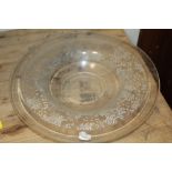 A FRENCH STYLE GLASS TEXTURED BOWL, TOGETHER WITH AN ANTIQUE CUT GLASS DECANTER, MARLIN ETCHED GLASS