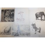 A FOLDER OF UNFRAMED ANTIQUE AND VINTAGE PENCIL DRAWINGS AND WATERCOLOURS ETC. TO INCLUDE ANIMAL