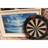 A FRAMED OIL ON CANVAS OF A MOONLIT LAKE SCENE, A LARGE BOX OF GARDENING BOOKS AND A DART BOARD (3)