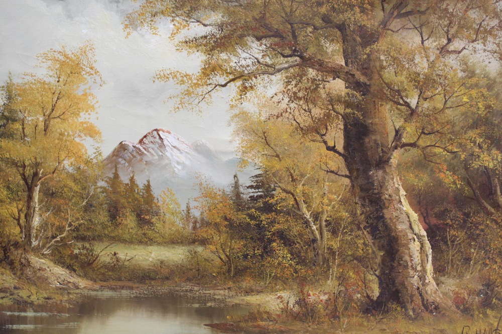 THREE UNFRAMED OIL ON CANVASES TO INCLUDE A WOODED MOUNTAINOUS LAKE SCENE - Image 2 of 7