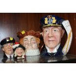 FOUR ASSORTED ROYAL DOULTON AND FRANKLIN MINT CHARACTER JUGS TO INCLUDE A LARGE FRANKLIN PORCELAIN