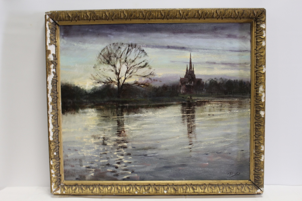 A VINTAGE GILT FRAMED OIL ON CANVAS OF A RURAL RIVER LANDSCAPE WITH CHURCH INDISTINCTLY SIGNED LOWER - Image 2 of 3