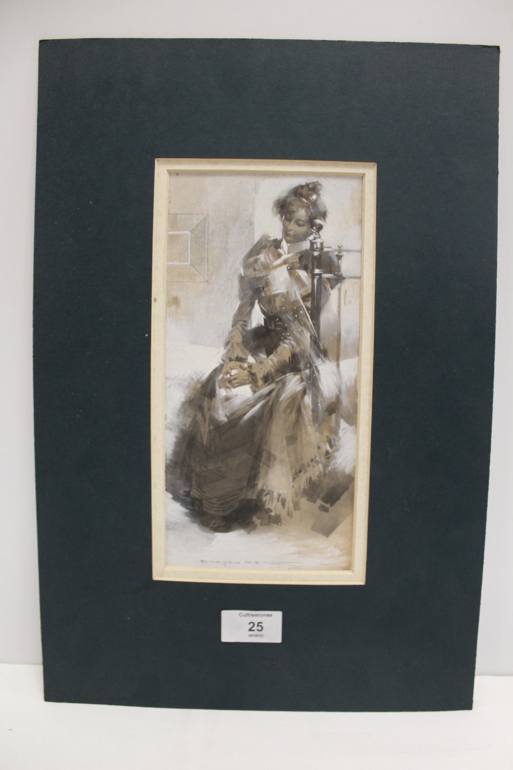 AN UNFRAMED MOUNTED WATERCOLOUR FULL LENGTH PORTRAIT STUDY OF A SEATED LADY INDISTINCTLY SIGNED - Image 2 of 3