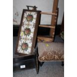 A PINE WALL SHELF, TOGETHER WITH AN OAK BOOK TROUGH, VINTAGE FOOT STOOL AND A TILED SERVING TRAY (4)